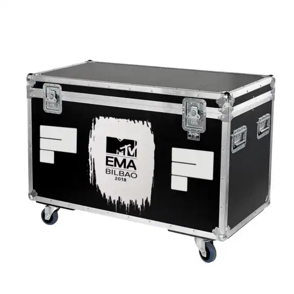 Durable black flight case with MTV EMA Bilbao 2018 branding, perfect for event gear transport and protection.