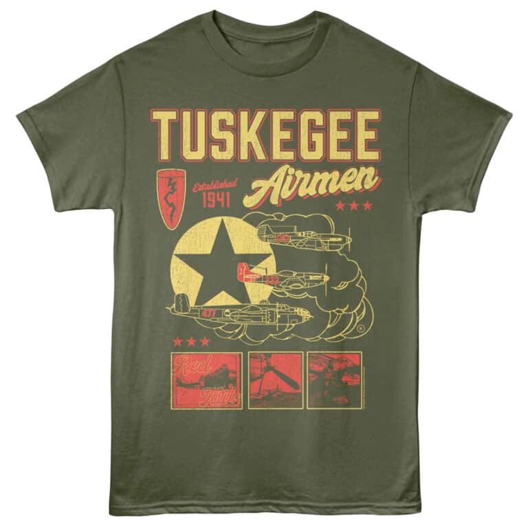 Tuskgee Airmen vintage t-shirt featuring aircraft illustrations and historical aviation insignia.