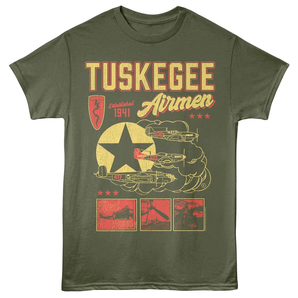 Tuskgee Airmen vintage t-shirt featuring aircraft illustrations and historical aviation insignia.