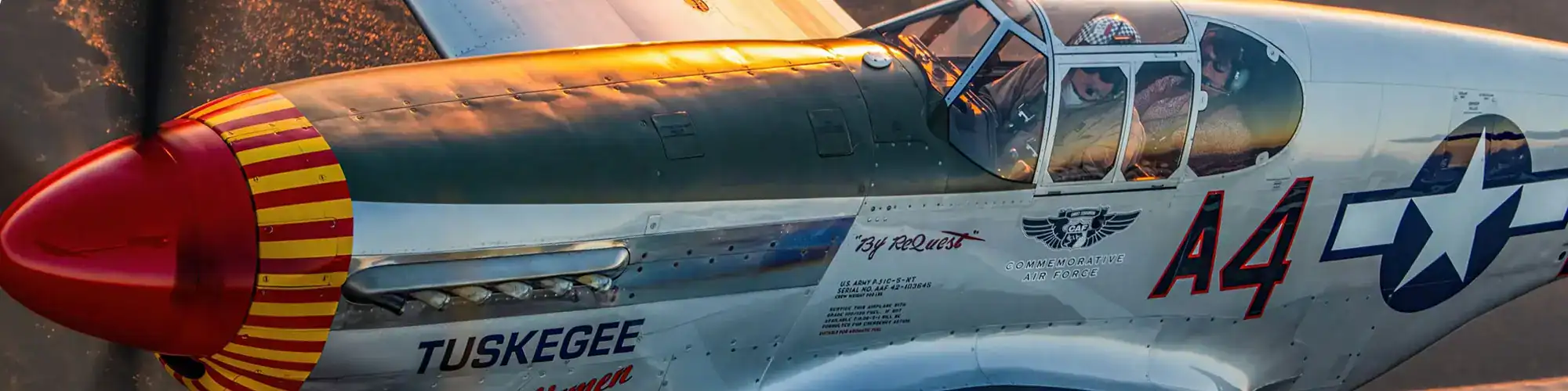 World War II fighter jet features U.S. aircraft insignia, nose art, and pilot inside cockpit.
