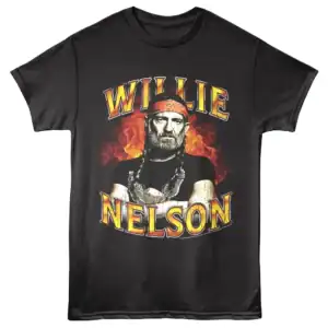 Graphic Willie Nelson T-shirt with bold text and fiery background. Perfect for music fans and country music lovers.