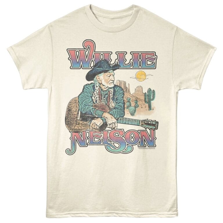 Custom Willie Nelson graphic T-shirt featuring legendary country musician with desert background.