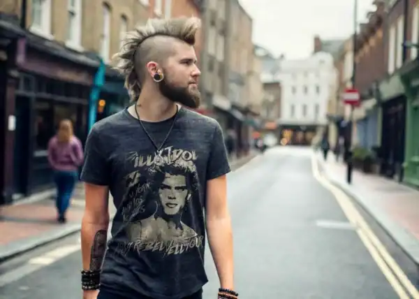 A fashionable punk man with a mohawk, tattoos, and expressive style walking in a city street scene.