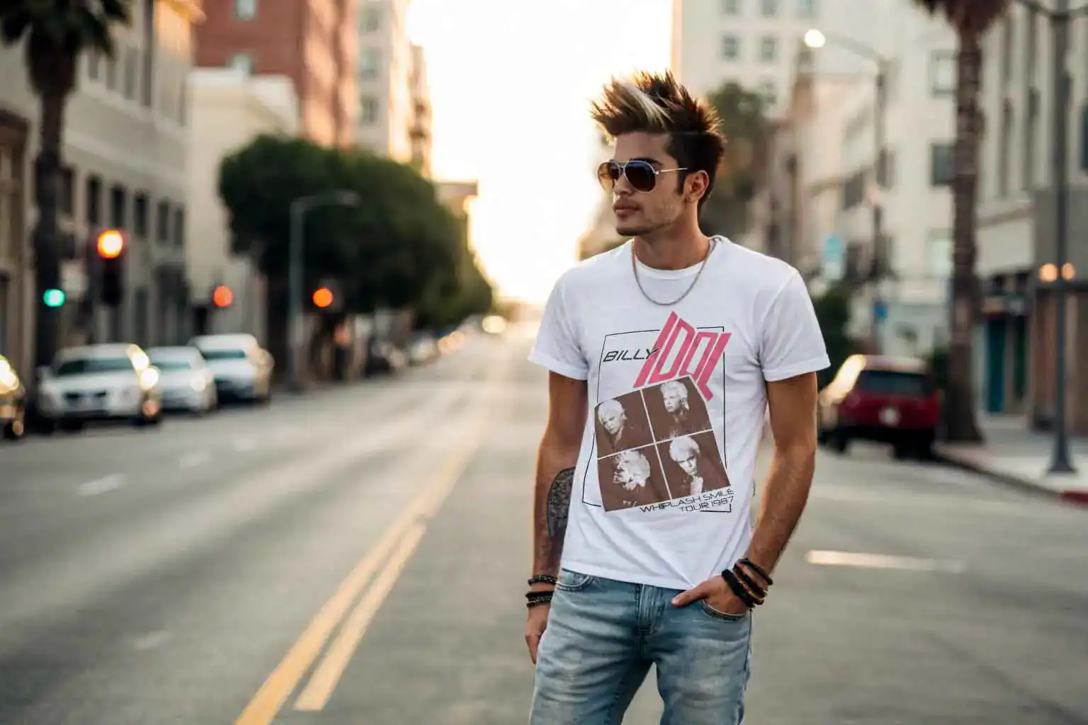 Stylish man with a punk hairdo standing in a street wearing a Billy Idol t shirt