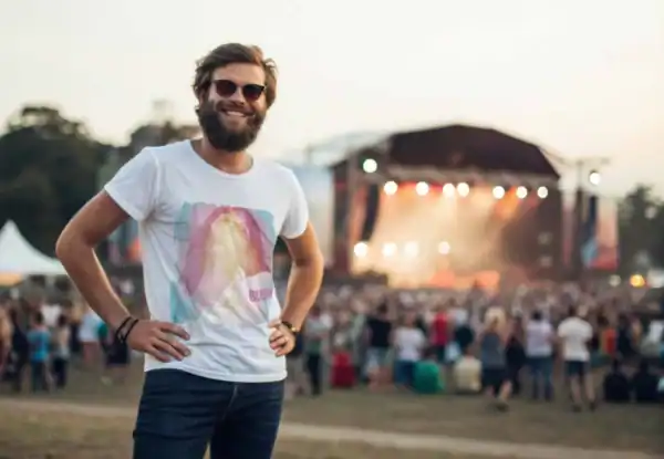 Vibrant outdoor music festival scene featuring a smiling man in sunglasses and a graphic t-shirt enjoying live performance.