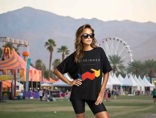 A fashionable woman wearing a black graphic T-shirt and sunglasses at a lively outdoor festival with carnival rides, tents, and scenic mountain views.