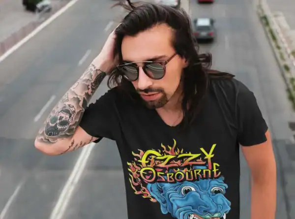 Rock fan wearing Ozzy Osbourne Blue Dragon Tattoo Men’s T Shirt