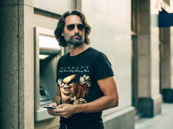 Stylish man with sunglasses using ATM in urban setting, wearing graphic T-shirt featuring bold artwork, showcasing casual fashion and street style.