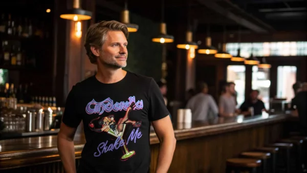 Relaxed man wearing a stylish "Married Shake Me" graphic T-shirt at a cozy bar or lounge. Perfect for casual nightlife or social gatherings.