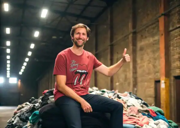 Image description: Friendly man with a beard and casual red Rolling Stones t-shirt sitting on a large pile of clothes inside a spacious industrial warehouse, emphasizing sustainable fashion and charity.