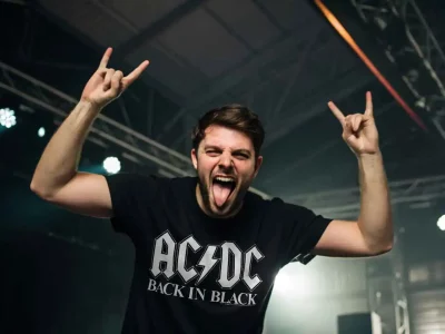 Joyful music lover showing rock gestures and excitement at a concert performance.