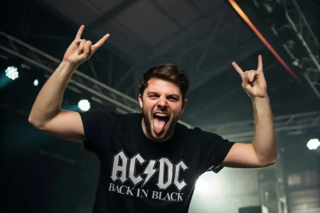 Joyful music lover showing rock gestures and excitement at a concert performance.