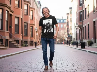 A stylish older man walking confidently on a city street wearing a graphic band t-shirt and jeans.