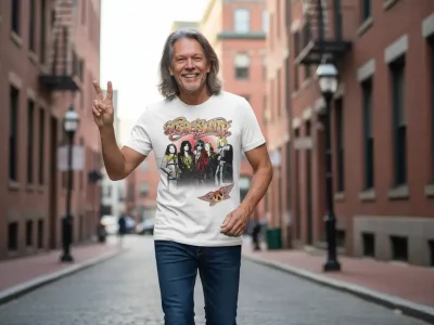A smiling man in a vintage rock band T-shirt making a peace sign on a city street.