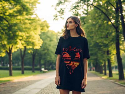A young woman in a black graphic T-shirt dress walking through a lush, green park on a sunny day.