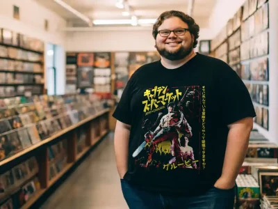 The man wears a Japanese anime-inspired t-shirt with a bold design, standing in a record store with shelves of vinyls behind him.