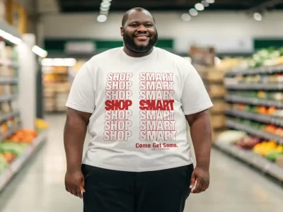 Image of a smiling man wearing a "Shop Smart" graphic tee in a grocery store aisle filled with fresh produce, promoting smart shopping habits.