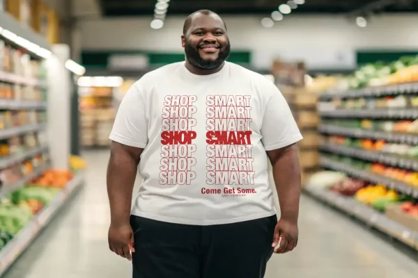 Image of a smiling man wearing a "Shop Smart" graphic tee in a grocery store aisle filled with fresh produce, promoting smart shopping habits.