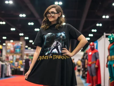 Dark-themed graphic T-shirt with Army of Darkness artwork, ideal for cosplay and gaming enthusiasts.