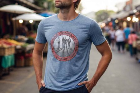 A man wearing a stylish graphic T-shirt with "Bad Company" printed on it, shopping at an outdoor market street scene.