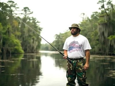 Man with fishing rod in scenic wetland environment for nature lovers and anglers.