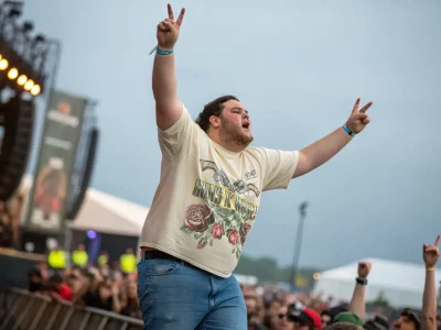 Vibrant crowd at music festival with hands in the air, capturing lively concert atmosphere.