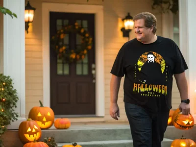 Halloween T-shirt featuring Michael Myers graphic, perfect for spooky celebrations, with carved pumpkins and autumn decor at home porch.