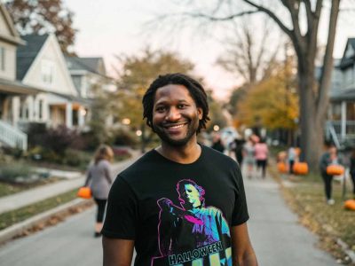 Smiling man wearing a vibrant Halloween graphic tee walks through neighborhood during fall event.