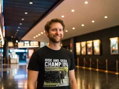 Bright, trendy men's t-shirt with cityscape design, perfect for casual outings and urban lovers.