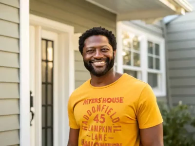 Happy man in yellow graphic tee standing outside in front of house, smiling for the camera.