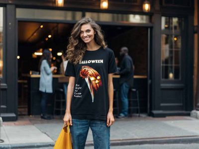 Fashionable woman wearing Halloween T-shirt with pumpkin design, standing on city sidewalk.