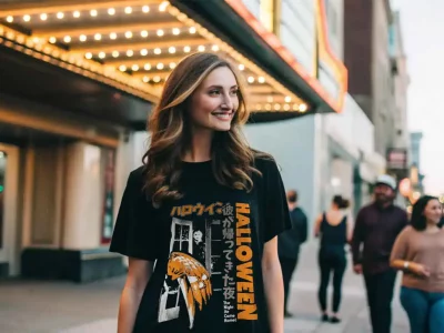 Casual city street scene with smiling woman wearing a graphic T-shirt, nightlife ambiance.