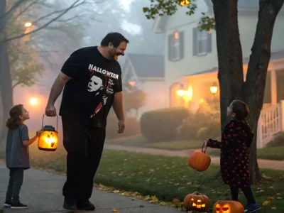 Family enjoying Halloween night with pumpkin lanterns and costumes in neighborhood.