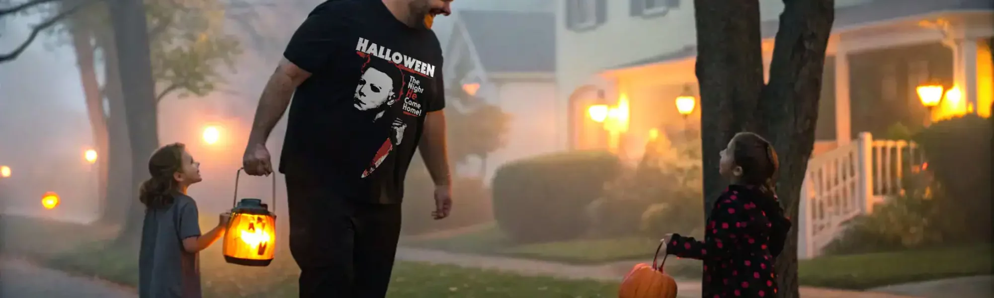 Family enjoying Halloween night with pumpkin lanterns and costumes in neighborhood.