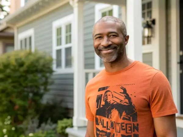Smiling middle-aged man in Halloween T-shirt standing outside a house on a sunny day.