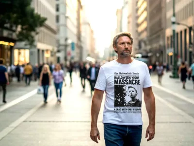 A man walking in a busy city street wearing a Halloween Night Massacre T-shirt, surrounded by pedestrians.