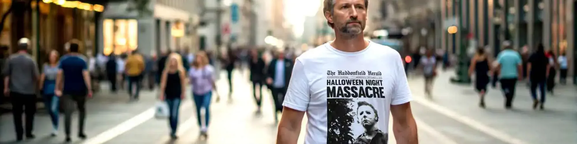 A man walking in a busy city street wearing a Halloween Night Massacre T-shirt, surrounded by pedestrians.