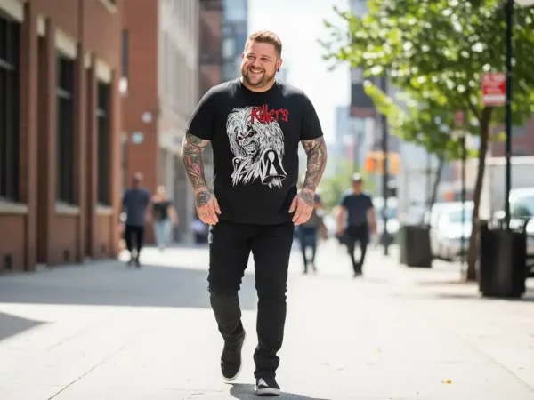 Stylish man wearing lion graphic tee walking outdoors in urban environment.