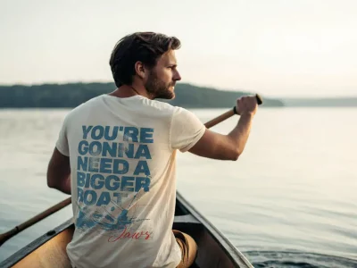 A man on a boat with a T-shirt saying "You're Gonna Need a Bigger Boat" during a scenic water expedition.