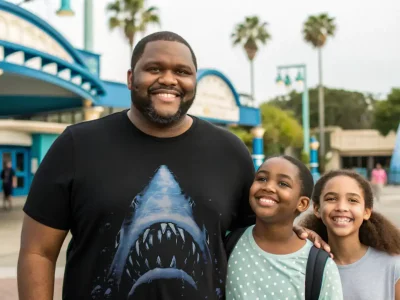 Happy family at amusement park with bright smiles, fun rides, and colorful surroundings.