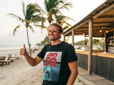 Vibrant beach scene with smiling man in Jaws t-shirt, palm trees, and lively beach bar, perfect for summer and lifestyle SEO.
