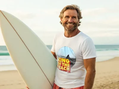 A smiling man holds a surfboard at the beach with ocean waves in the background. He wears a "King of the Beach" t-shirt and looks relaxed.
