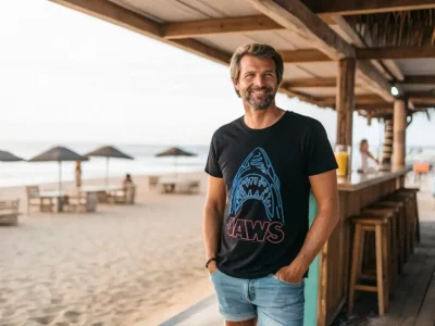 Beachwear t-shirt featuring Jaws shark design with beach bar in background.