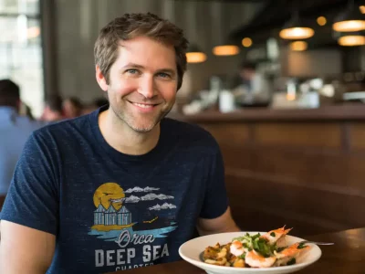 Smiling man with seafood platter in a cozy restaurant setting.