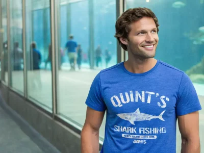 Colorful man in shark-themed T-shirt at aquarium with visitors in background.