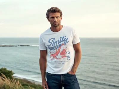 Stylish men's beach t-shirt with ocean and shark graphic for summer outings and casual style.