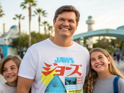 Happy family at amusement park, father and two daughters smiling, vibrant theme park background.