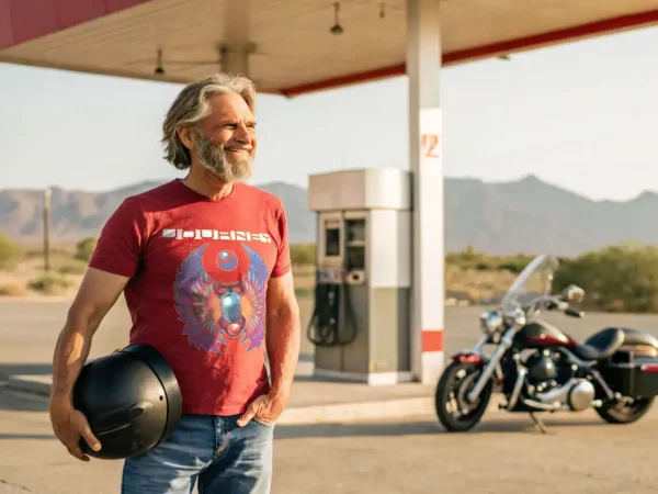 Man with motorcycle helmet at a gas station in desert landscape, smiling with a motorcycle in the background.