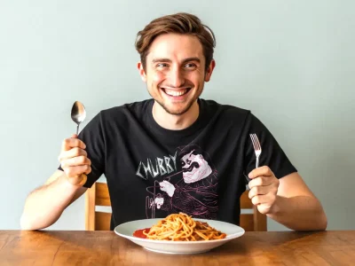 Smiling man with spaghetti, holding fork and spoon, showcasing delicious pasta meal for food lovers.