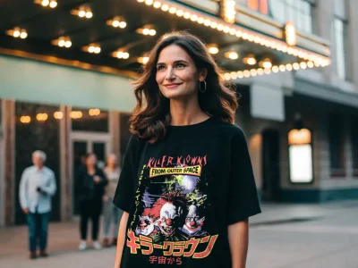 Stylish young woman in graphic "Killer Klowns" T-shirt, urban background with city lights at dusk.